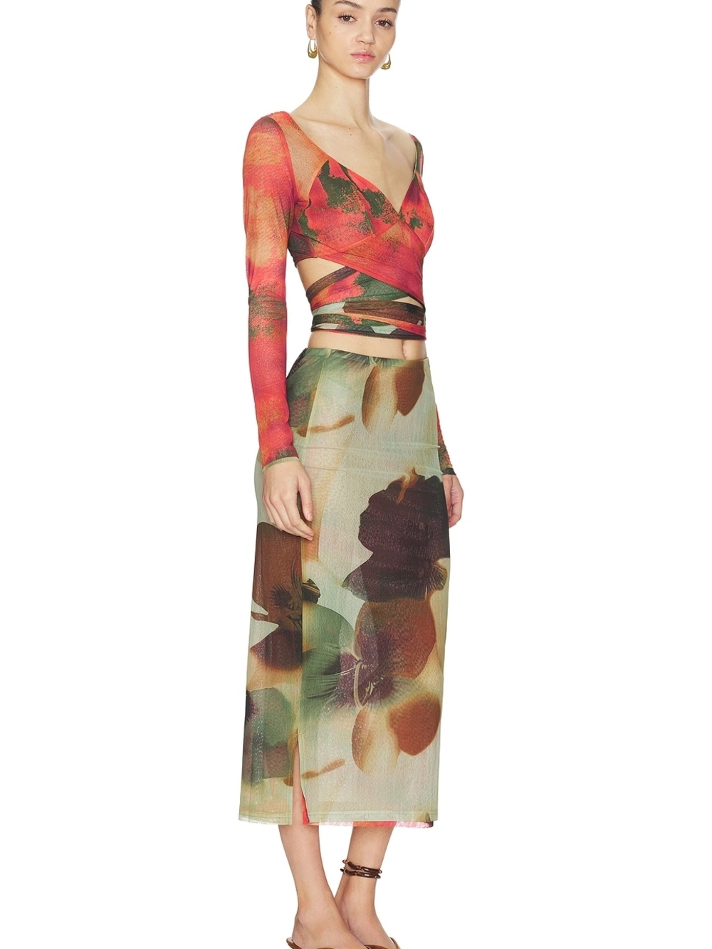 Free People Floral Sheer Wrap Top & Midi Skirt in Orange, Green, Brown